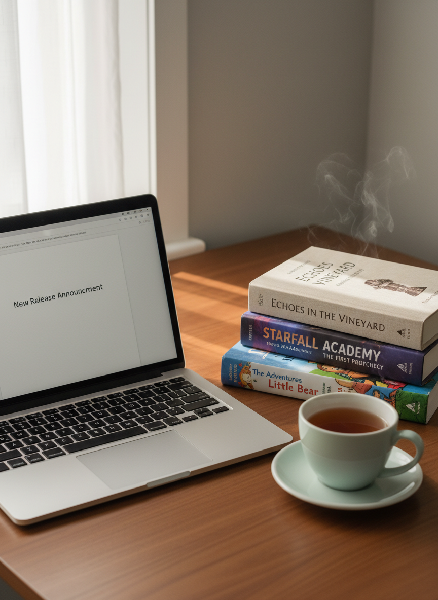 A tidy writing nook featuring a sleek silver laptop paused on a blank document titled “New Release Announcement,” centered on a smooth walnut desk. Beside the laptop, a neatly stacked trio of books is arranged by size: a vibrant illustrated children’s book, a bold YA paperback, and a refined adult hardcover, all with fictional titles. A ceramic mug of tea, pale mint in color, rests on a matching saucer, faint steam curling upward. Soft, diffused morning light from a nearby window brightens the scene, creating gentle reflections on the laptop and subtle shadows behind the books. Photographic realism, shot from a slightly elevated angle with balanced composition, conveys calm focus and professional creativity, ideal for a news or updates section.
