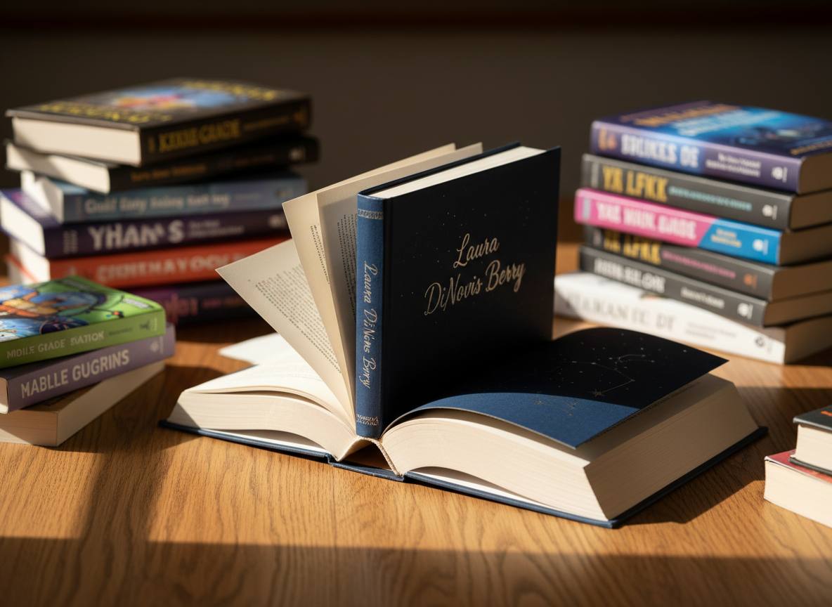 A hardcover novel with a deep midnight-blue dust jacket lies open on a natural oak desk, pages fanned in a gentle curve. A handwritten title on the spine reads “Laura DiNovis Berry” in elegant silver script, with a subtle constellation pattern embossed into the cover. Around the book, soft-focus stacks of colorful middle grade, YA, and literary titles create a sense of variety in genre. Warm afternoon light filters in from an unseen window, casting clean, diagonal shadows across the wood grain. Photographic realism at eye level, with a shallow depth of field that keeps the open book in crisp focus and the background slightly blurred, creating a professional, inviting atmosphere perfect for an author’s homepage banner.