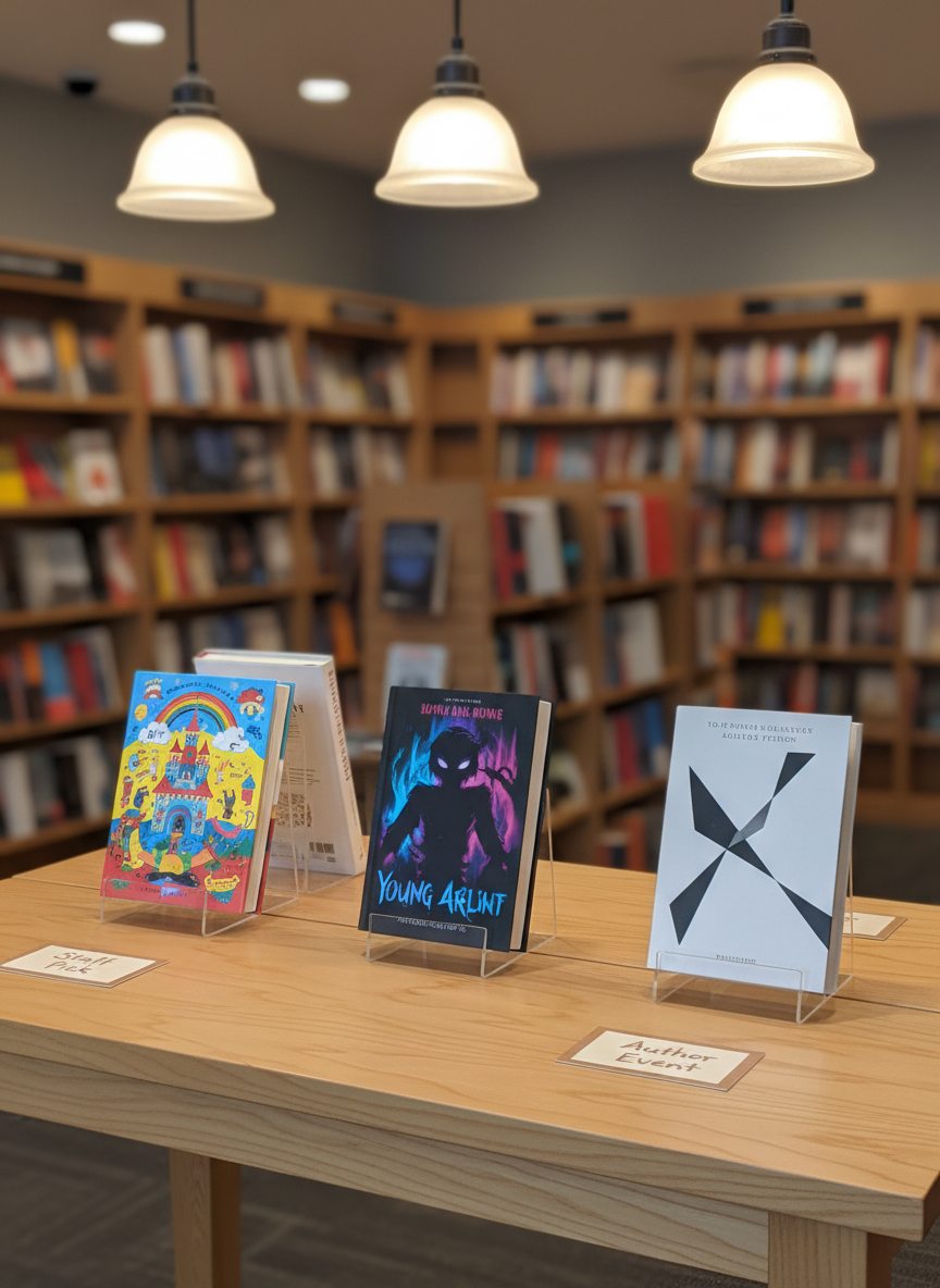A polished bookstore display table covered in smooth, light birch wood showcases three feature books standing upright on clear acrylic stands: one whimsical children’s book with a bright, illustrated cover, one edgy YA novel in moody colors, and one sophisticated adult fiction with a minimalist design. Small, handwritten-style “Staff Pick” and “Author Event” signs lean discreetly nearby. Rows of softly blurred shelves filled with colorful spines stretch into the background. Overhead pendant lights cast warm, even illumination, creating soft highlights on the glossy covers. Captured in photographic realism from an eye-level angle using the rule of thirds, the scene feels energetic yet organized, perfect for an events or appearances page.