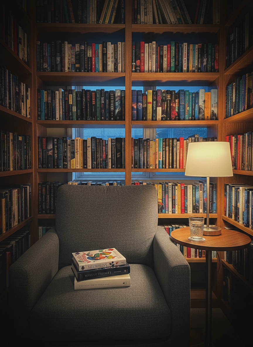 A cozy reading corner framed by two tall bookcases packed with neatly arranged novels, spines in a variety of rich jewel tones. In the center, a plush, charcoal-gray armchair holds a small stack of books on the seat: a playful children’s title on top, followed by a YA fantasy, then a contemplative literary novel. A small round side table in warm walnut holds a glass of sparkling water and a simple, modern lamp with a soft white shade. The lamp casts warm, focused light, while faint twilight seeps through a far-off window, adding a cool contrast. Photographic realism, shot from a slightly low angle with a gentle vignette, creates a comforting, reflective mood suitable for an “About the Author’s Work” section.