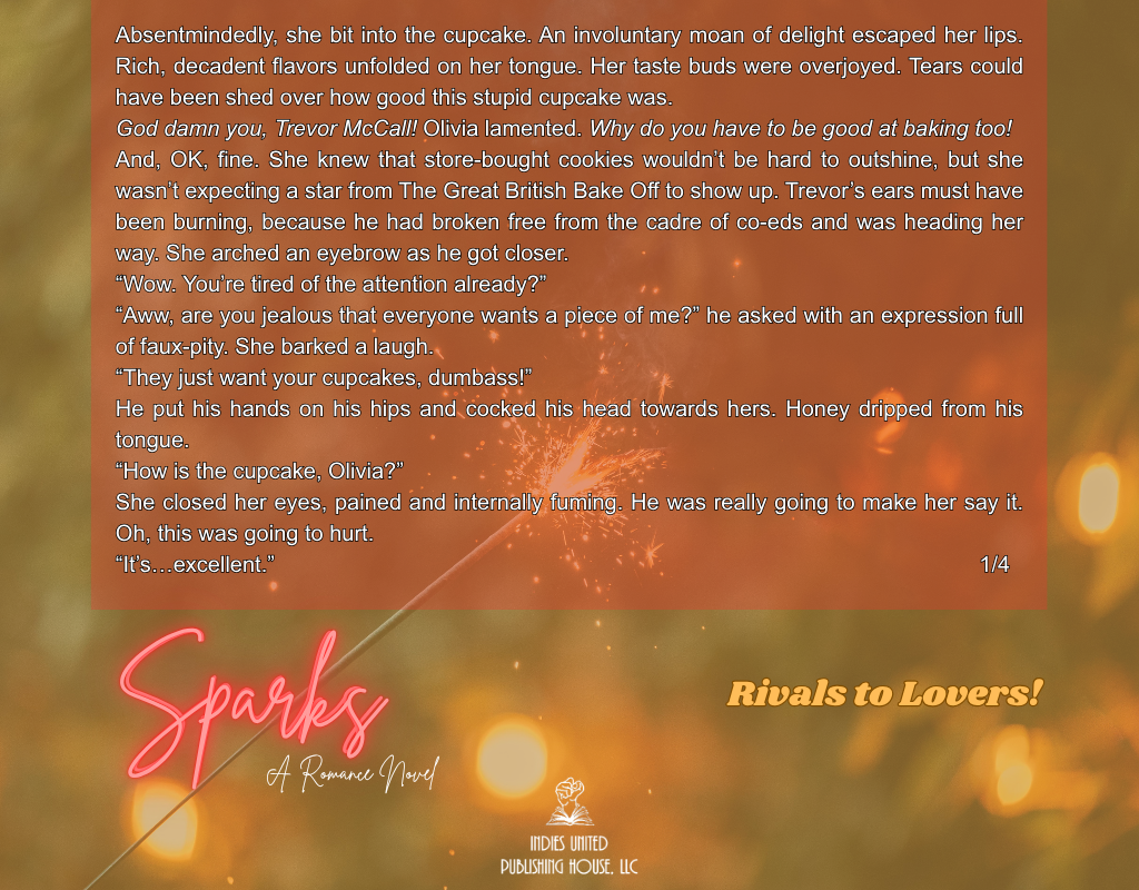 A vibrant book cover featuring a romantic scene with text excerpts about a cupcake and humorous dialogue between two characters, Olivia and Trevor. The background includes colorful fireworks, enhancing the romantic theme.